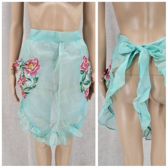 VINTAGE 50s Hostess Waist Apron Sheer Blue Sheer Ruffled - Picture 2 of 12